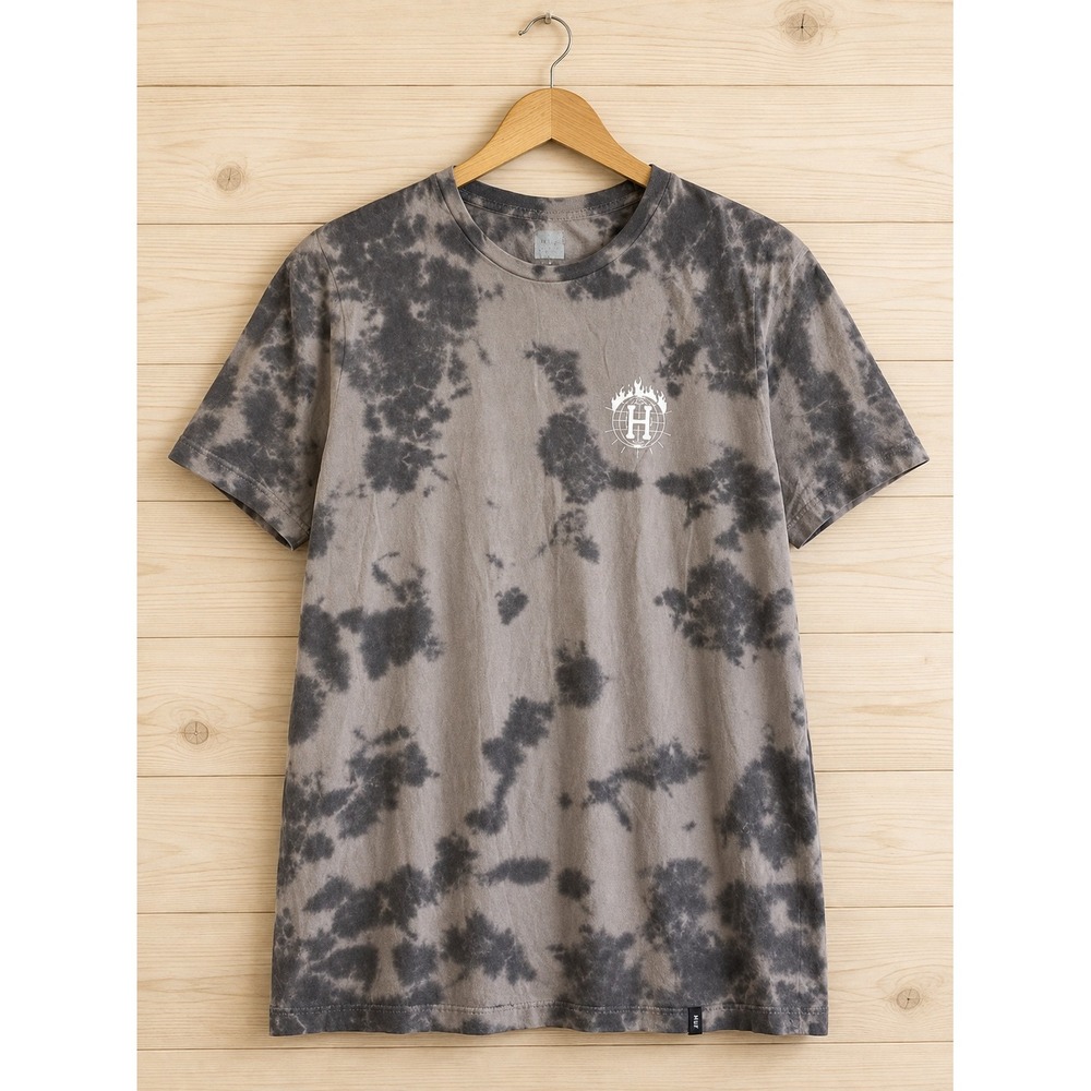 HUF x Thrasher T Shirt Mens Medium Gray Black Tie Dye Flame Logo Graphic Tee